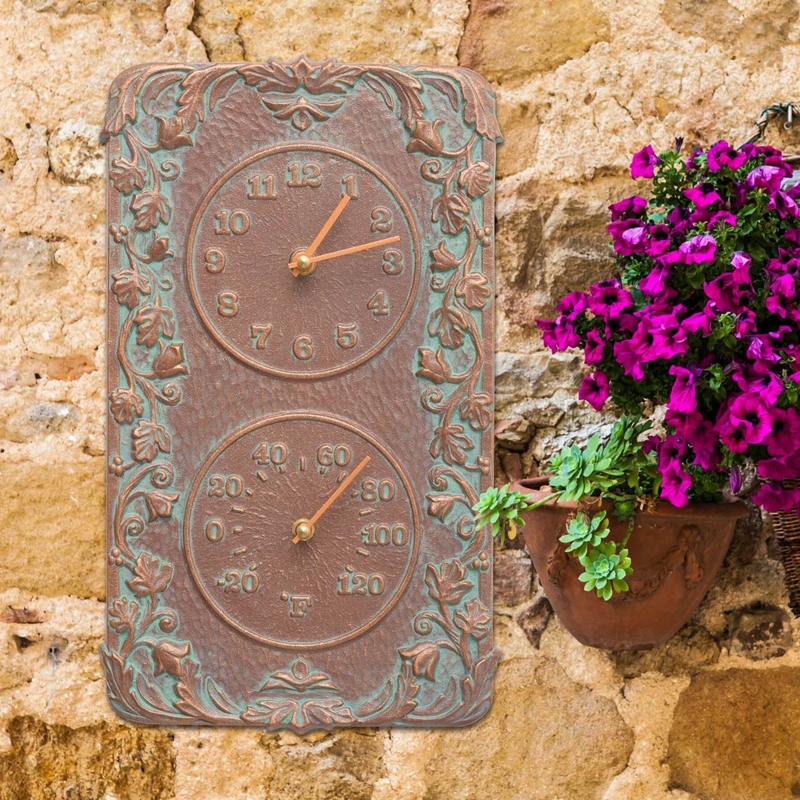 Wall Clock & Thermometer, Verdigris Finish, Climbing Ivy Design