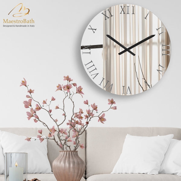 Wall Clock Transparent Dial Mirrored Frame Roman Numerals Glam Decor