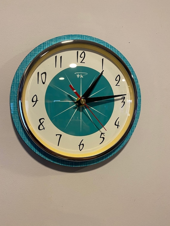 Wall Clock Turquoise Dial Wood Metal Spokes Mid Century Modern