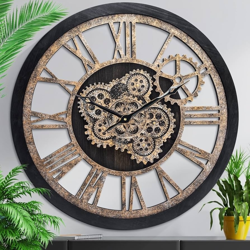 Wall Clock, Two Tone Construction, Exposed Gears, Industrial Farmhouse