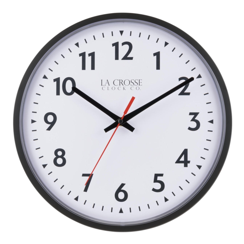 Wall Clock, Utilitarian Black Frame, Large Numerals, Red Second Hand