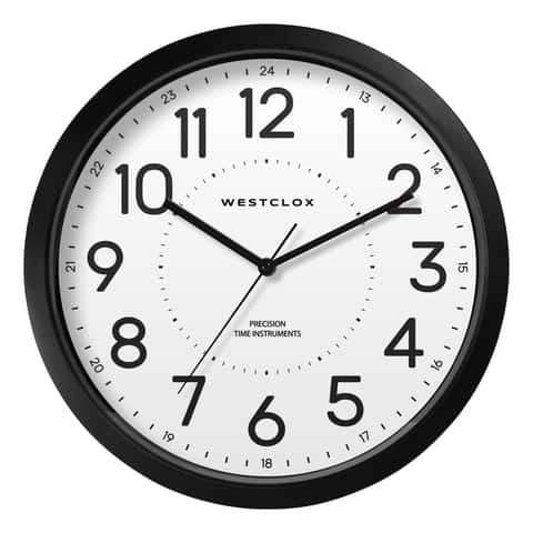 Wall Clock, Utilitarian Round White Face, Slim Bezel, Red Second Hand
