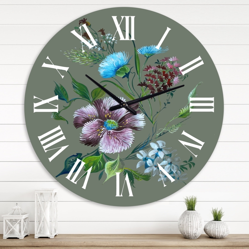 Wall Clock, Vibrant Turquoise Purple Floral Print, Spade Hands
