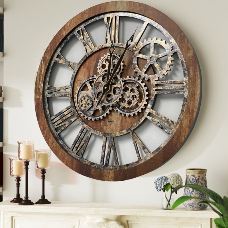 Wall Clock Vintage Wood Tone Frame Exposed Gears Distressed Brown