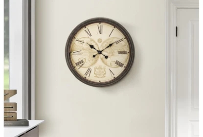 Wall Clock Vintage World Map Background Antique Brown Finish Roman Numerals
