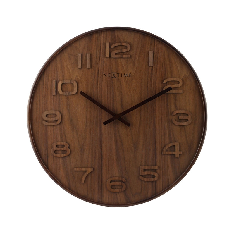 Wall Clock, Warm Medium Wood Dial, Carved Markers, Wooden Hands