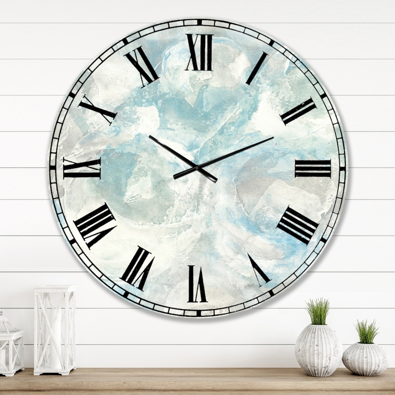 Wall Clock Watercolor Effect Pale Blue Roman Numerals, Coastal Abstract Art