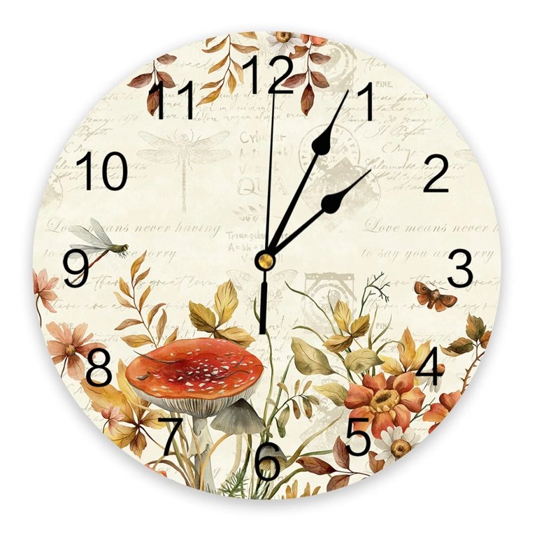 Wall Clock, Whimsical Gnome & Mushroom Print, Cottagecore Style