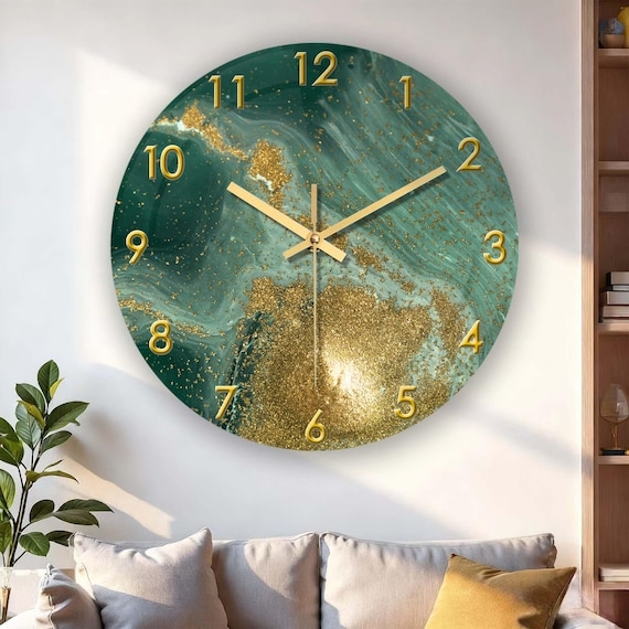 Wall Clock White Marble Pattern Face Gold Toned Numerals