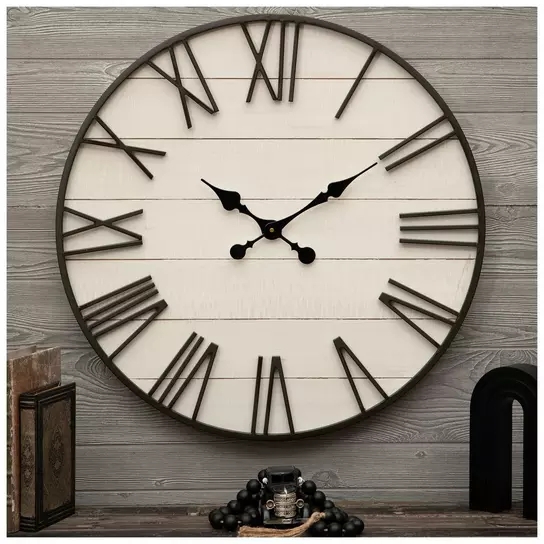 Wall Clock White Wood Plank Face Oversized Black Roman Numerals