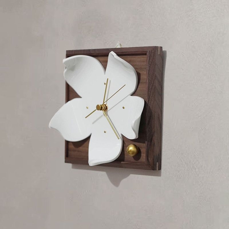 Wall Clock with 3D Sculptural Floral Face and Square Wood Frame
