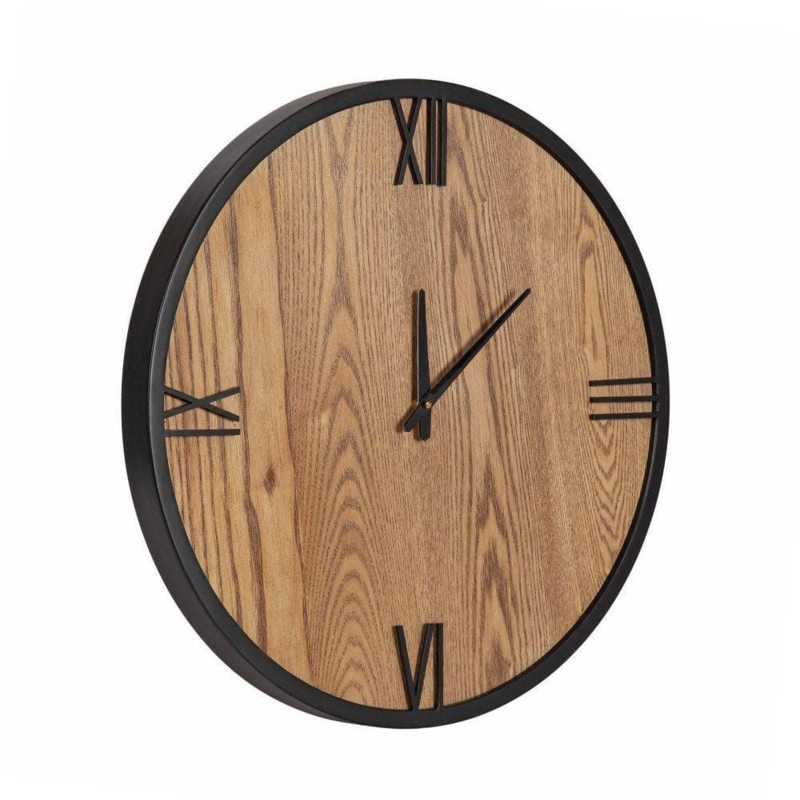 Wall Clock with Multi-Toned Wood Slatted Face, Industrial Metal Frame