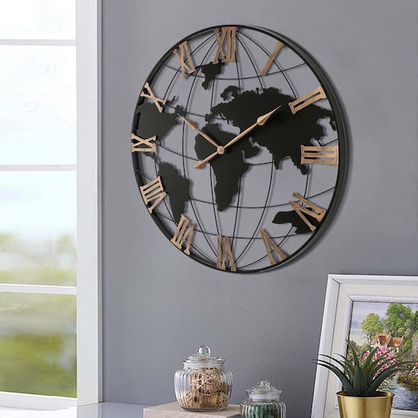 Wall Clock with World Map Silhouette & Gold Roman Numerals