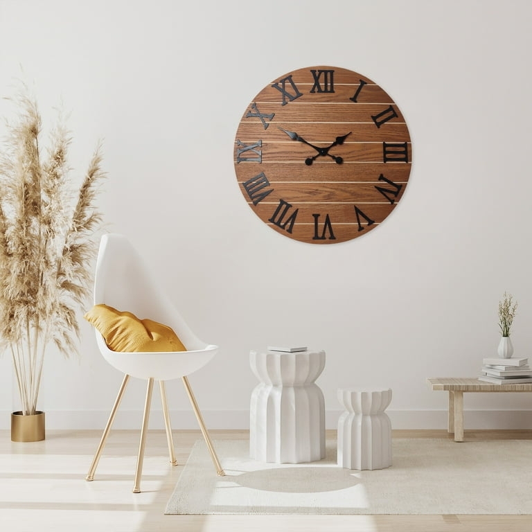 Wall Clock Wooden Bezel White Face Black Numerals Rustic Transitional Decor