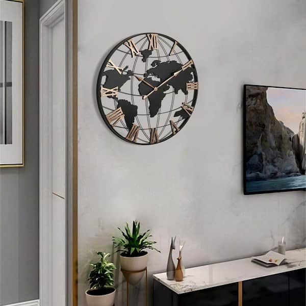 Wall Clock World Map Silhouette Matte Black Metal Industrial