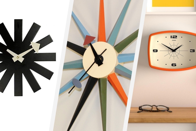 Wall Clocks Sunburst Silhouette Mixed Wooden Textures Mid-Century