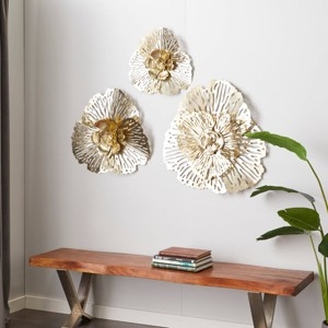 Wall Decor Set Layered Petals Gold Toned Metal Floral Sculptures