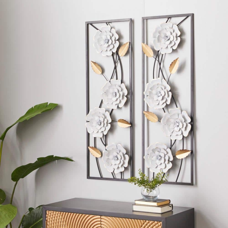 Wall Decor Set Shadow Box Effect 3D Floral Texture Black Frame