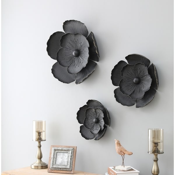 Wall Decor Set: Three Dimensional Dark Gray and Gold Metal Flowers