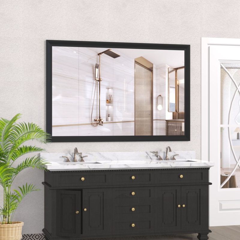 Wall Mirror 60 Inch Width Thin Black Frame Horizontal Mount