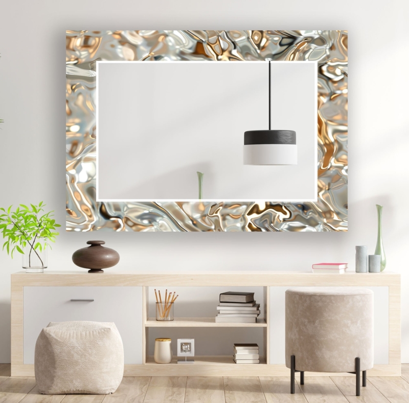Wall Mirror Abstract Pattern Marble Texture Silver Gold Frameless