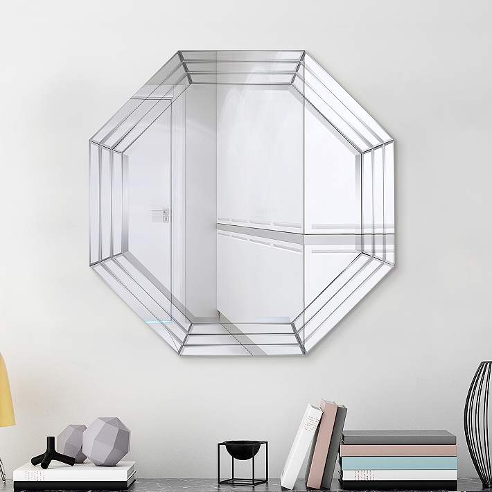 Wall Mirror All Glass Faceted Border Silver Modern Glam Accent