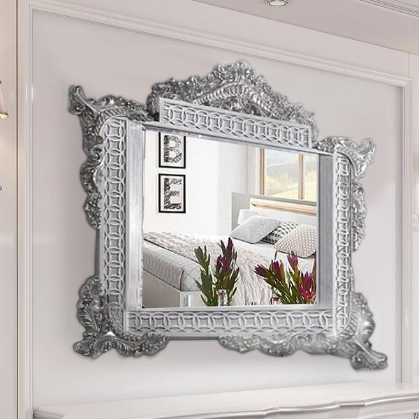 Wall Mirror Antique Platinum Finish Heavily Carved Scrollwork