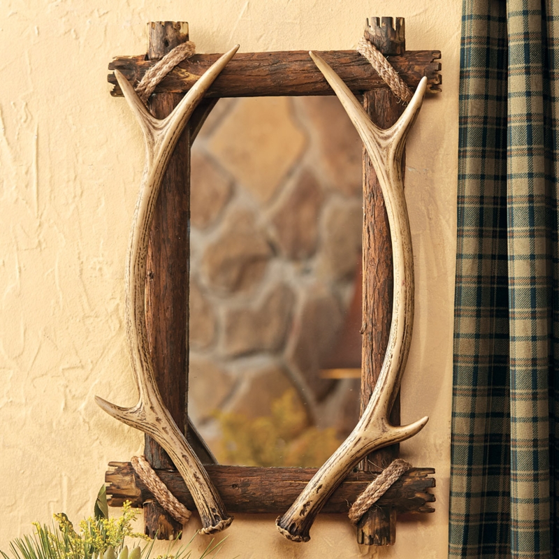 Wall Mirror Antler Accents Dark Bark Texture Frame Rustic Cabin