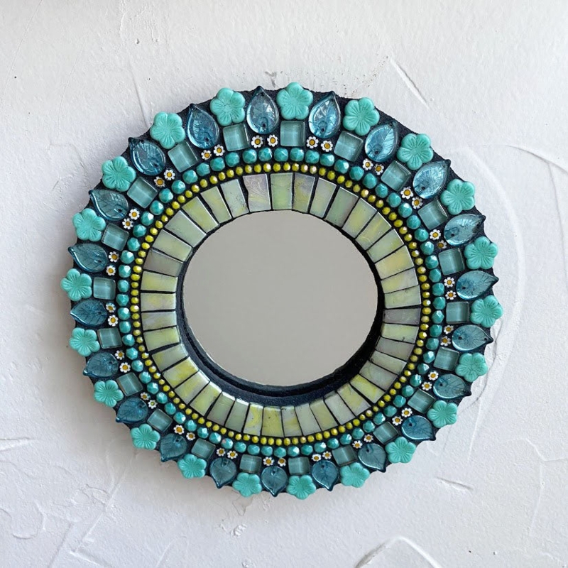Wall Mirror: Aqua and Orange Palette Botanical, Handcrafted Floral Home.
