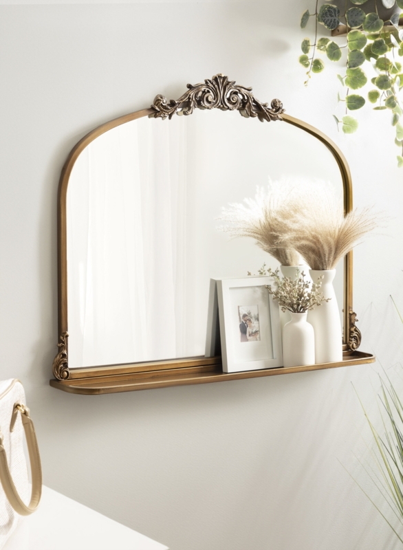 Wall Mirror: Arched Antique Gold Baroque Crest and Integrated Shelf