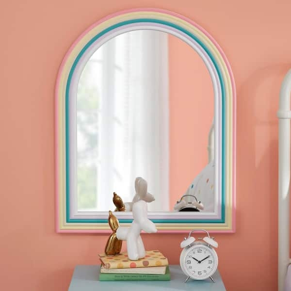 Wall Mirror Arched Light Wood Frame with Printed Rainbow Graphic