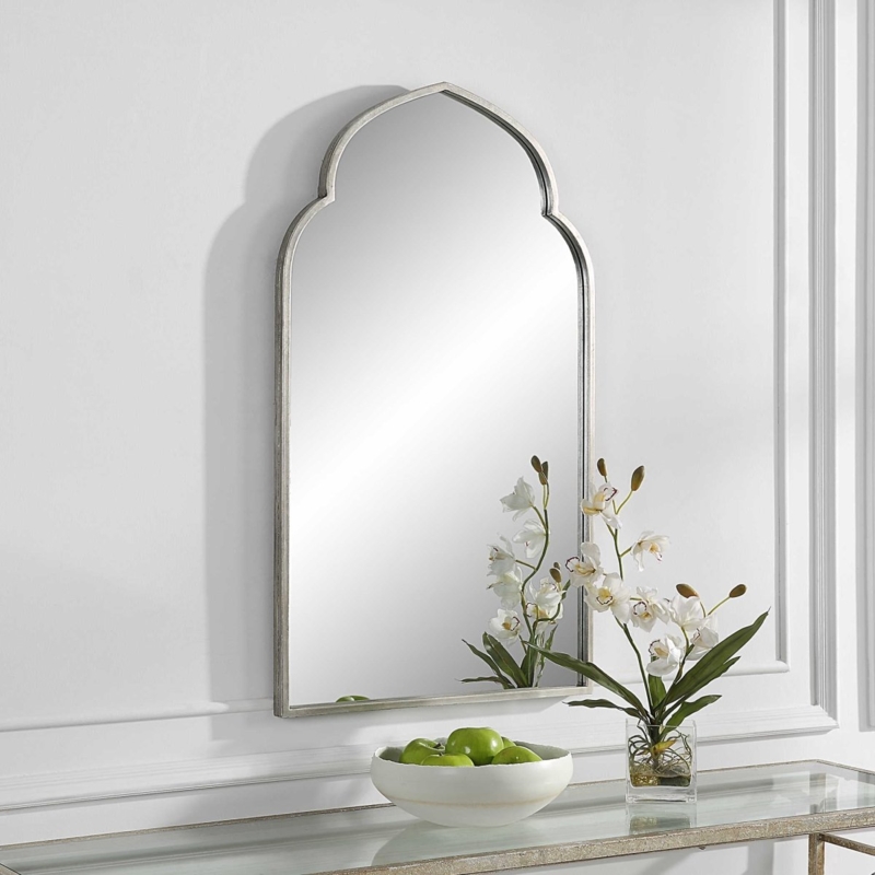 Wall Mirror Arched Moroccan Silhouette Beaded Silver
