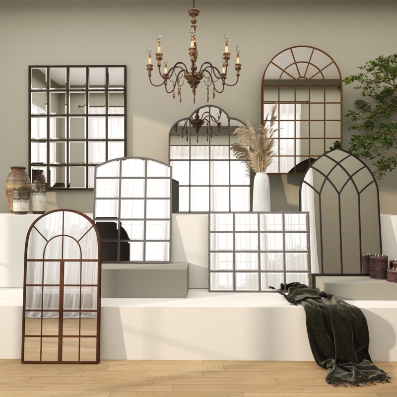 Wall Mirror Arched Silhouette Industrial Grid Pattern Modern Farmhouse