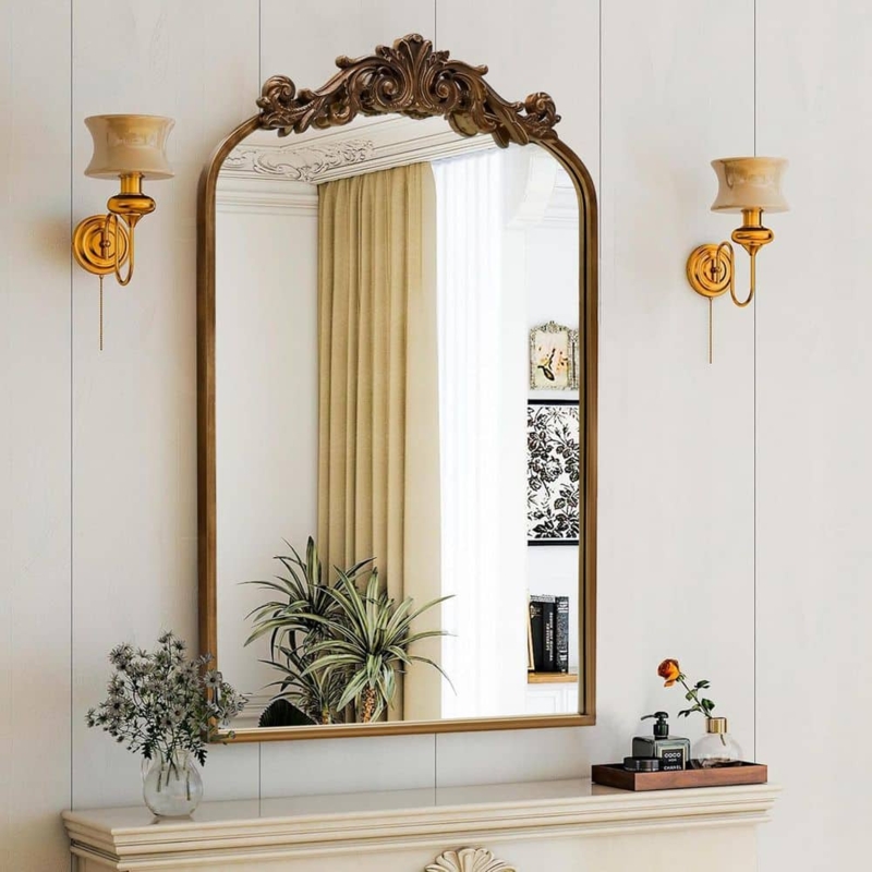 Wall Mirror Arched Top Ornate Baroque Flourishes Antique Brass Finish