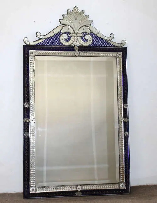 Wall Mirror: Arched Venetian with Light Blue Glass Border & Etching