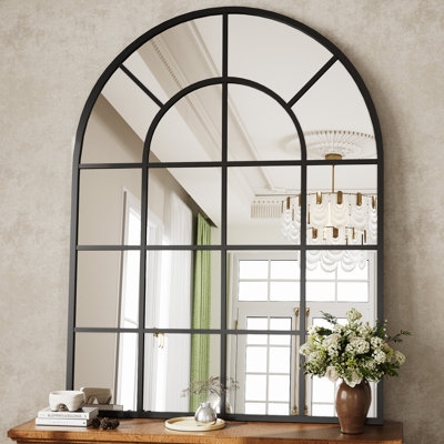 Wall Mirror Arched Windowpane Grid Black Metal Architectural