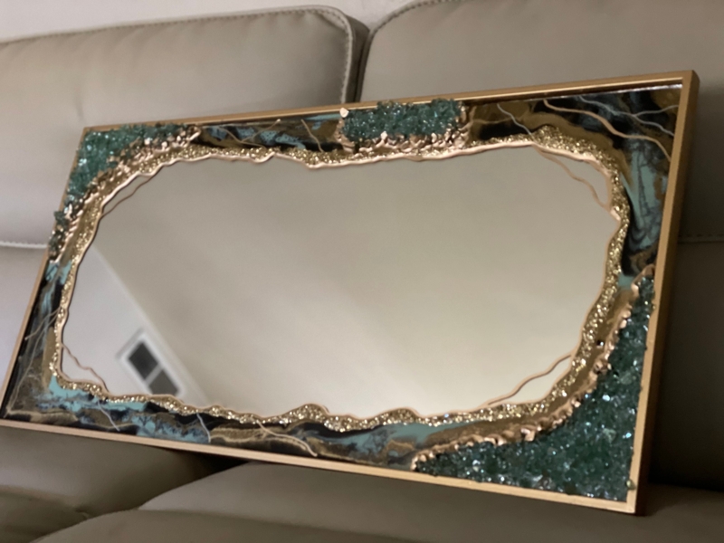 Wall Mirror, Arched with Emerald and Black Crystalline Resin Frame