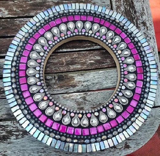 Wall Mirror: Artistic Hand Crafted Look, Colorful Floral Mosaic Decor.