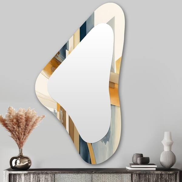 Wall Mirror asymmetrical shape features abstract blue gold print.