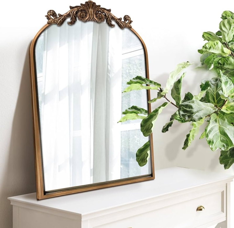 Wall Mirror Baroque Cresting Arched Silhouette Antique Finish Traditional