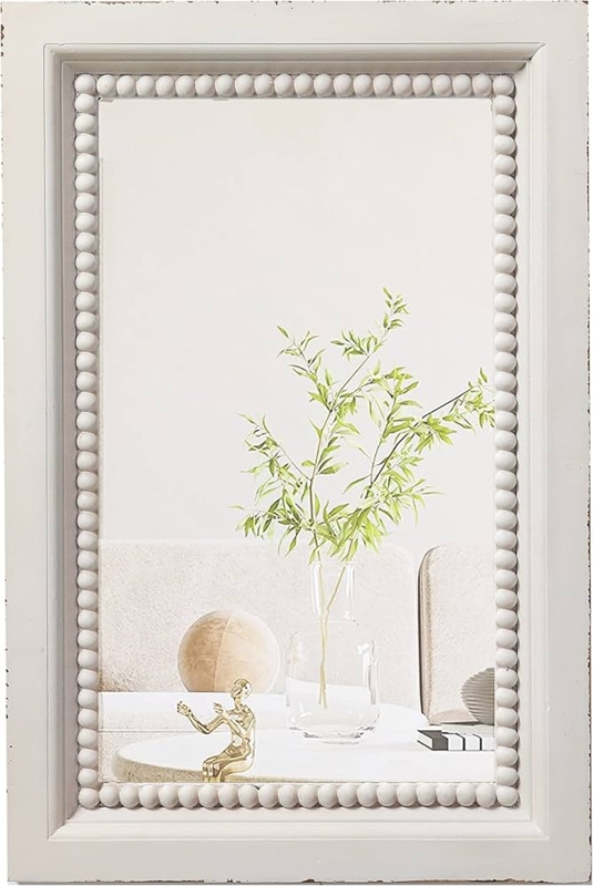 Wall Mirror Beaded Detailing, Whitewashed Finish Boho Entryway Decor