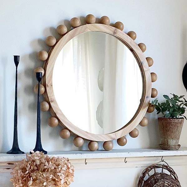 Wall Mirror Beaded Trim Round Wood Frame Round Wood Mirror With Beads