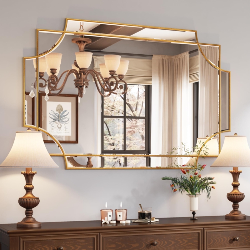 Wall Mirror Beveled Glass Slim Gold Frame Modern Bathroom Idea