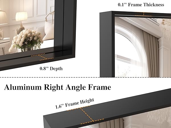 Wall Mirror Black Aluminum with Integrated Shelf 0.1 Inch Ultra-Slim Edge