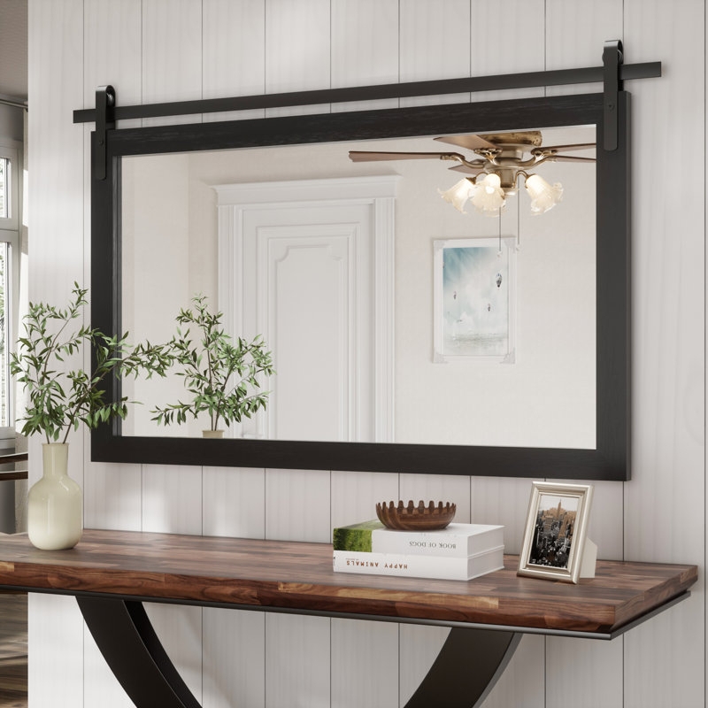 Wall Mirror Black Barn Door Style Decorative Top Rail