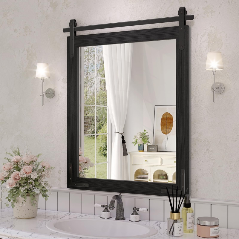 Wall Mirror Black Barn Door Style With Sliding Hardware