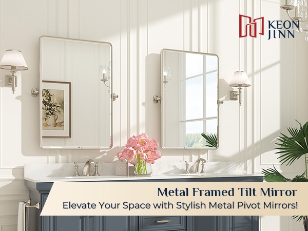 Wall Mirror Brushed Silver Frame Rounded Corners Pivot Mount Vanity