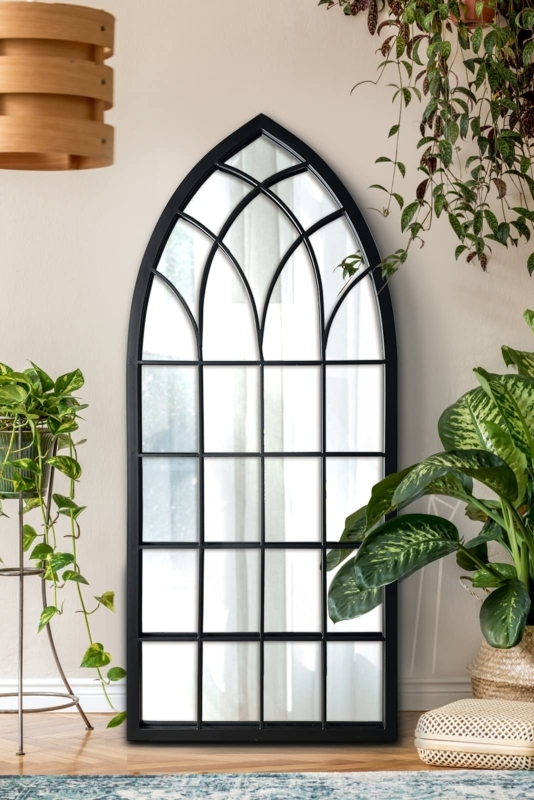 Wall Mirror Cathedral Silhouette Arched Top Windowpane Design Rustic