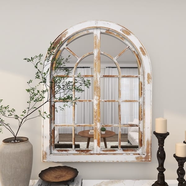 Wall Mirror Cathedral Style Arched Top Distressed White Window Pane