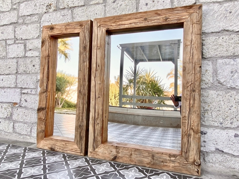 Wall Mirror Chunky Profile Reclaimed Wood Texture Farmhouse Entryway